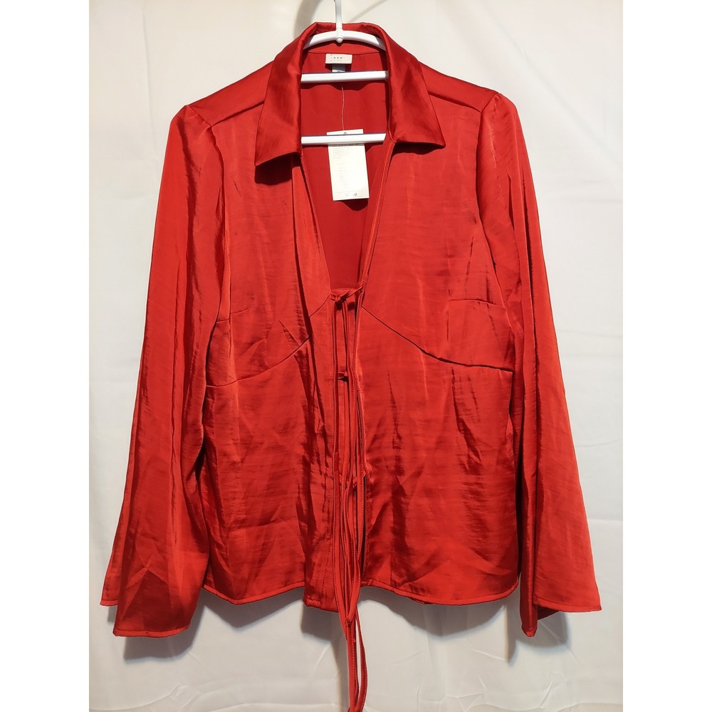 A New Day XL‎ Red Satin Tie-Front Blouse Long Sleeve Top Collared